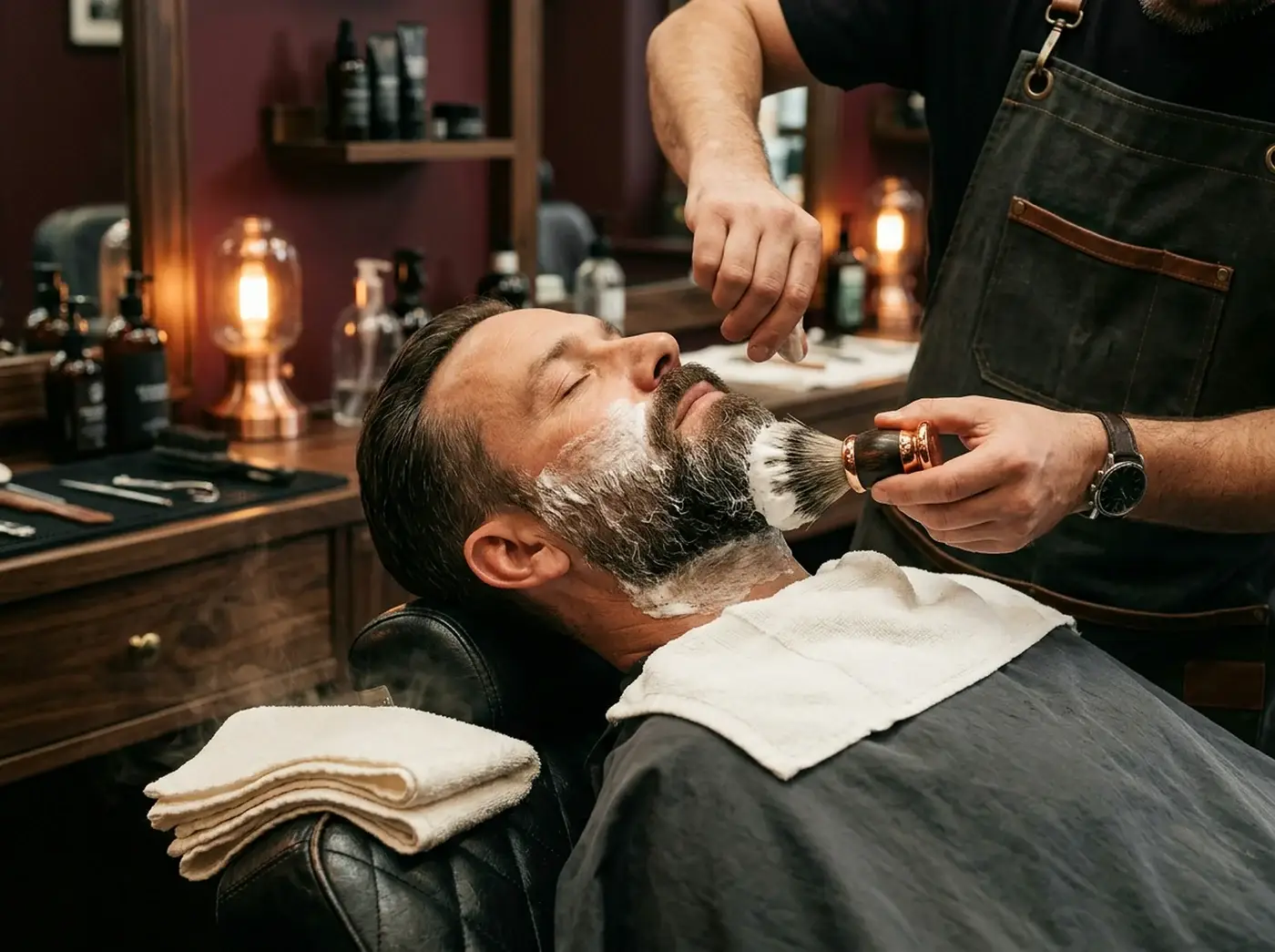 Ritual de barba com espuma aplicada com pincel