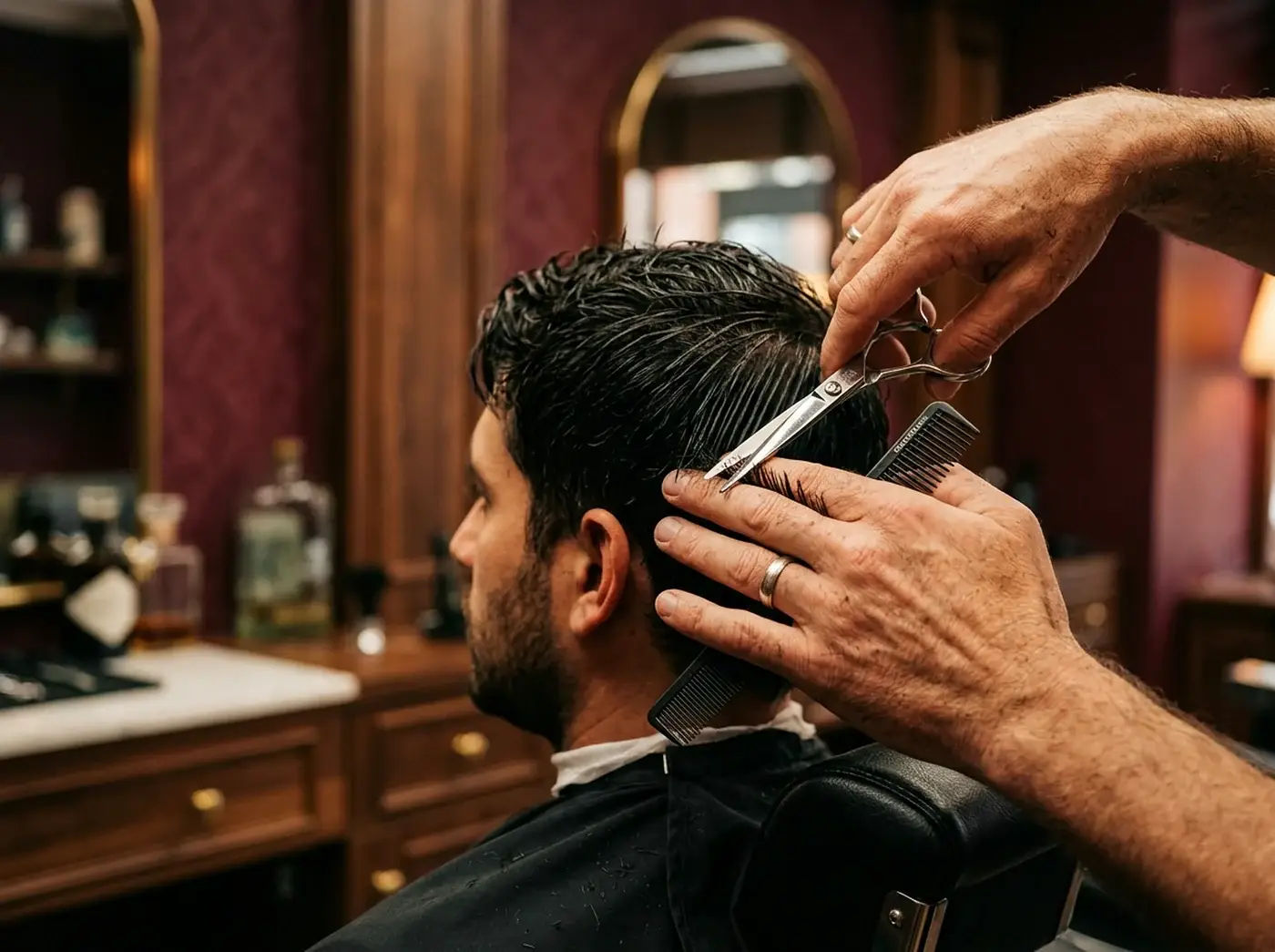 Barbeiro realizando corte autoral com tesoura e pente